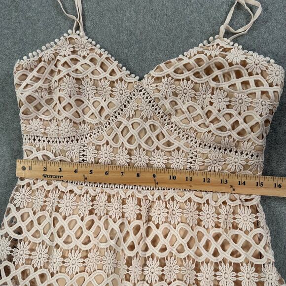 Lulus Lace Overlay Mini Dress Women's Medium Beige Tiered Ruffle Sleeveless - Picture 5 of 10